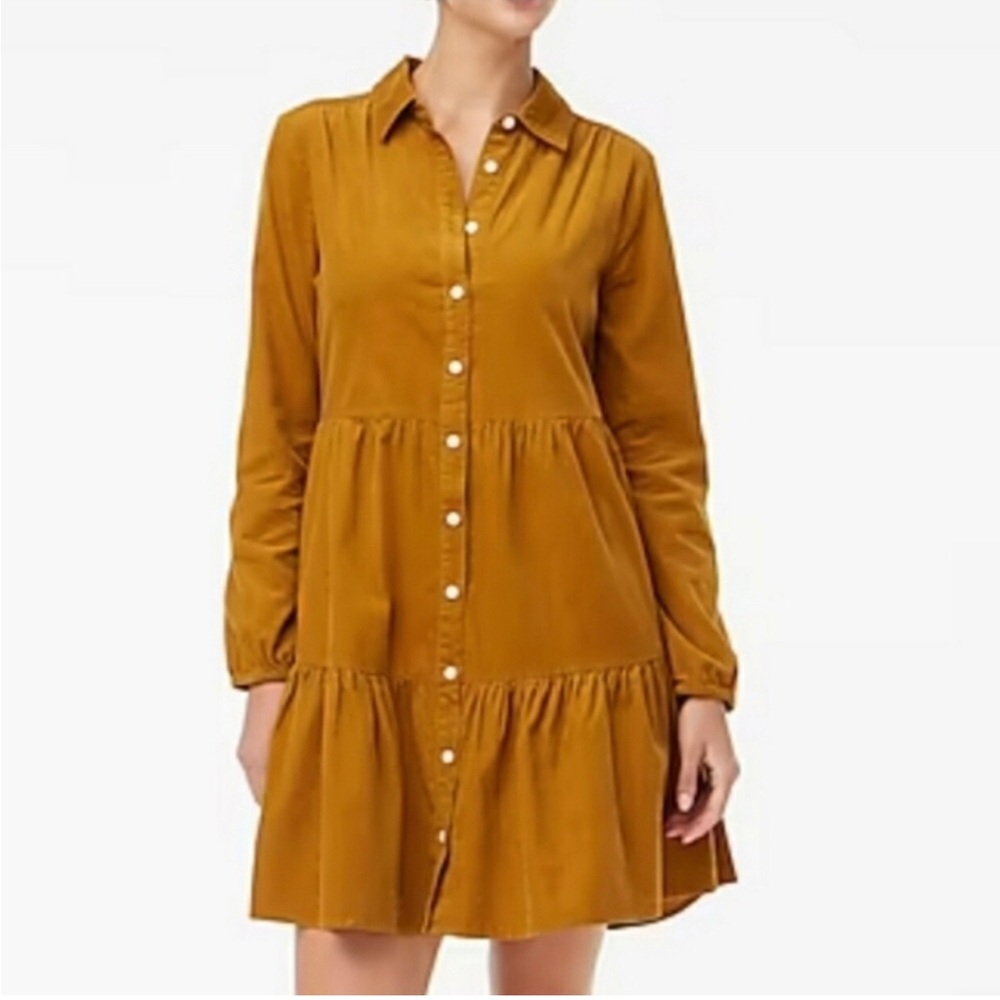 J. Crew Factory Corduroy Collared Mini Shirt Dress Size 14 Camel BK249 Tiered